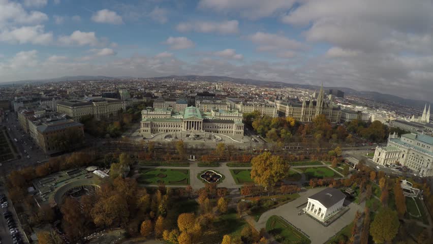 Austrian Parliament, Rathaus and Austrian National Theater in Vienna from above.
