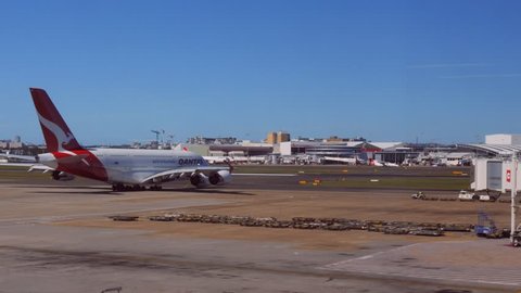 SYDNEY, AUSTRALIA -CIRCA January 2015: a qantas airbus A380 taxiing for takeoff in sydney, australia