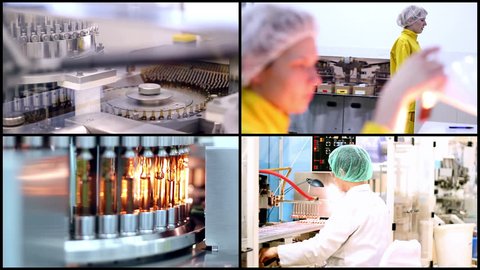 Drug Production Line. Pharmaceutical and Medicine Manufacturing. Medical Ampules.
Collage of Video Clips Showing Pharmaceutical Equipment for Medicine Production in Pharmaceutical Plant. 