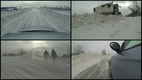 Winter storm. Collage of video clips presenting road cleaning activities during a heavy snowstorm. Driving through a Deep Snowdrift. Blizzard on the Road