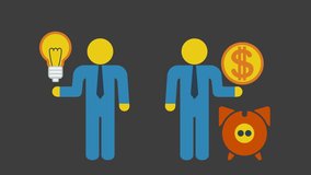 Businessmen with light bulb, dollar coin and piggy bank. Loopable animation for yours presentation. Available in 4K FullHD HD flat design 2D footage video clip.