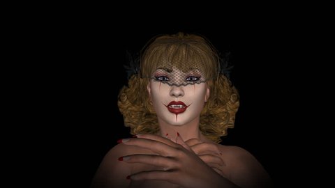 Vampire - Mystic Dolly - Loop - Alpha - 25fps - 3D animation - Spooky vampier for dark comedy, black magic, bloody horror, halloween party, underworld fantasy, crime show, ghost story, infernal music.