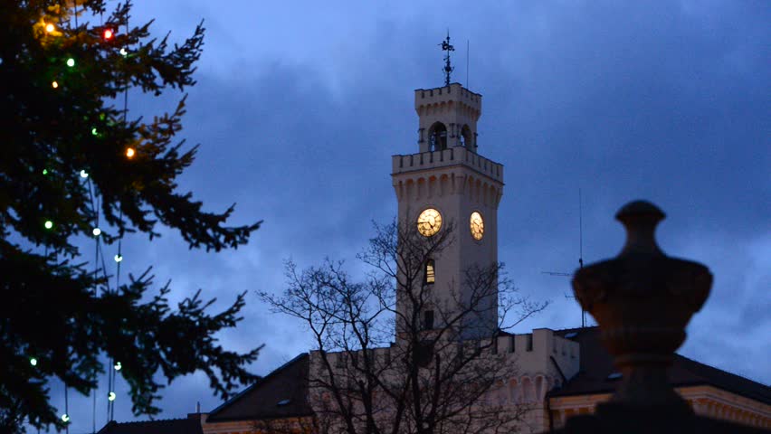 town hall and christmas tree in the wind