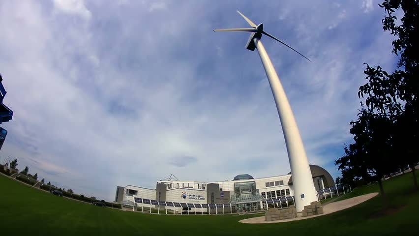 The windmill turns outside the Great Lakes Science Center on the shores of Lake