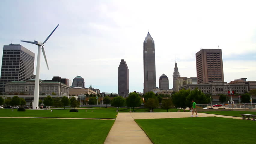 The skyline of Cleveland, Ohio as seen from the shore of Lake Erie.  The