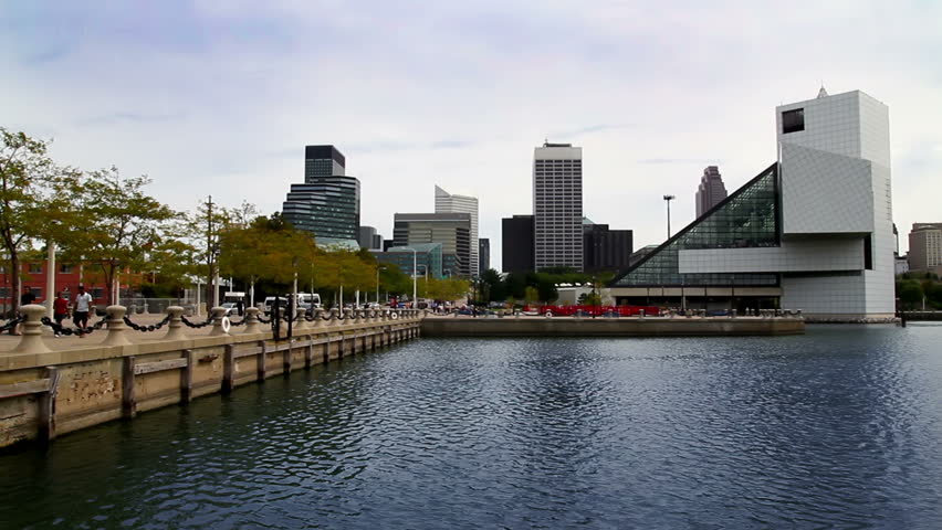 CLEVELAND, OHIO - September 18, 2010: Tourists visit the Rock and Roll Hall of Fame on the shore of Lake Erie in Cleveland, Ohio.