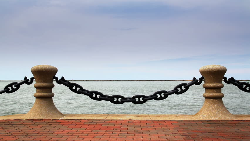 Chains on the pier in Voinovich Park on the shore of Lake Erie in Cleveland,
