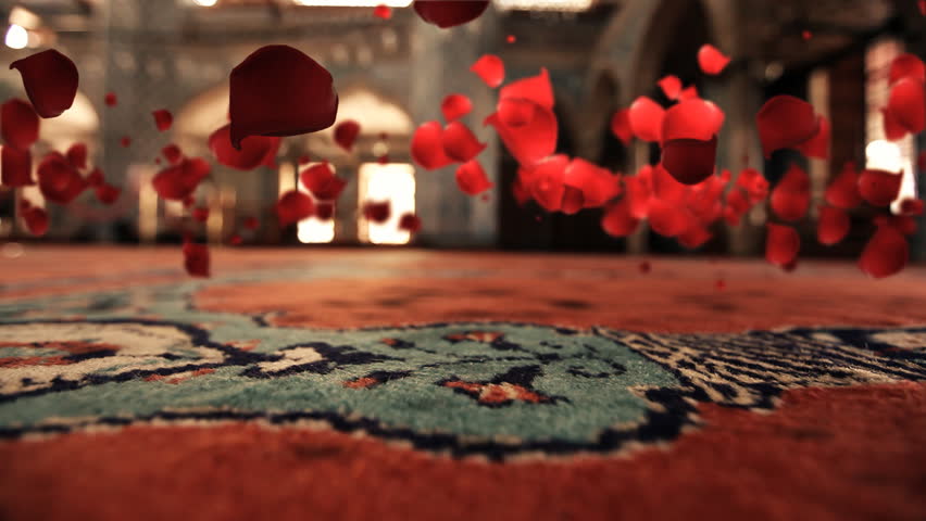 Red rose leafs floating and flying over richly decorated red carpet CGI
