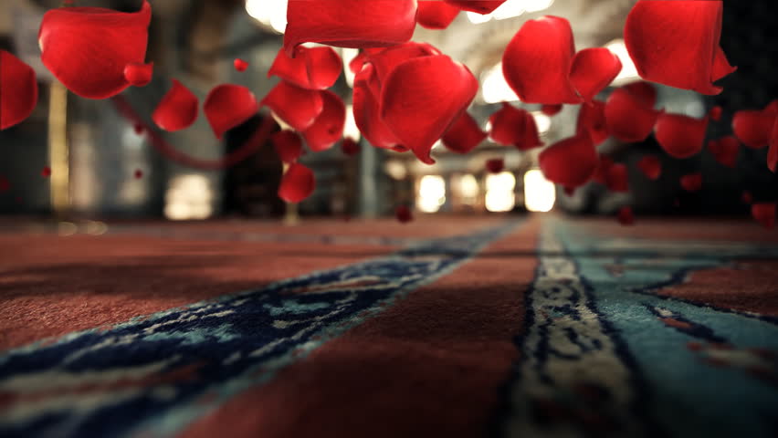 Red rose leafs floating and flying over richly decorated red carpet CGI