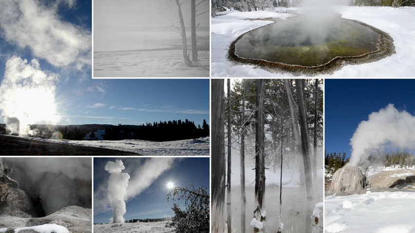 Multiscreen sequence. Winter scenes of geysers and hot springs in Yellowstone National Park.