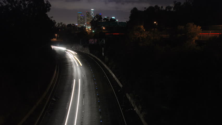 This is a time lapse shot of the 110 freeway looking at downtown Los Angeles in
