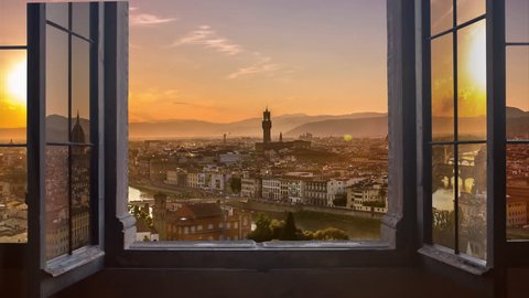 florence skyline seen from an open window aerial day to night timelapse at the sunset to night city lighting up  panorama from piazzale michelangelo 4k
