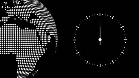 Clock counting down 12 hours over 30 seconds. Time lapse. Background globe.Black &White