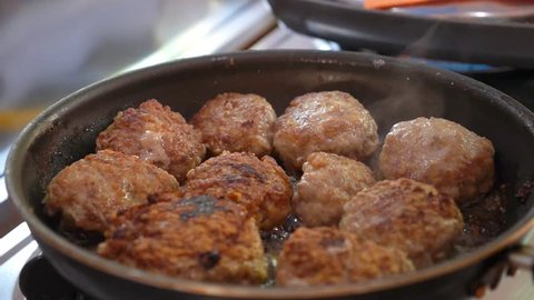 Fried Pork Meatballs or Cutlets in Frying Pan. HD, 1920x1080.