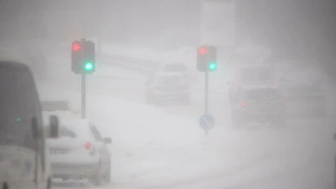 traffic in heavy zero visibility whiteout blizzard, Reykjavik, Iceland