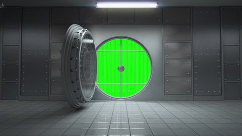 3d animation of opening a huge empty bank vault with camera going toward with greenscreen 