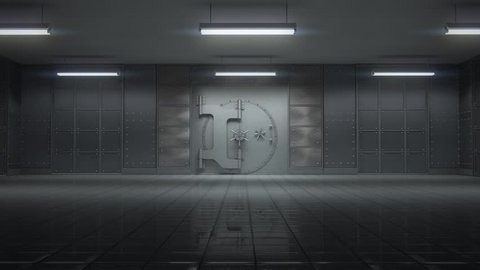 3d animation of opening a huge empty bank vault with camera going toward