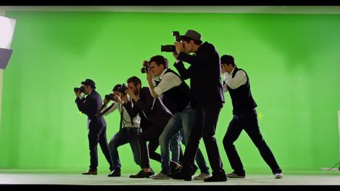 4K FEW SHOTS! Group of paparazzi. Photo shoot on green screen. Slow motion. Shot on RED EPIC Cinema Camera.