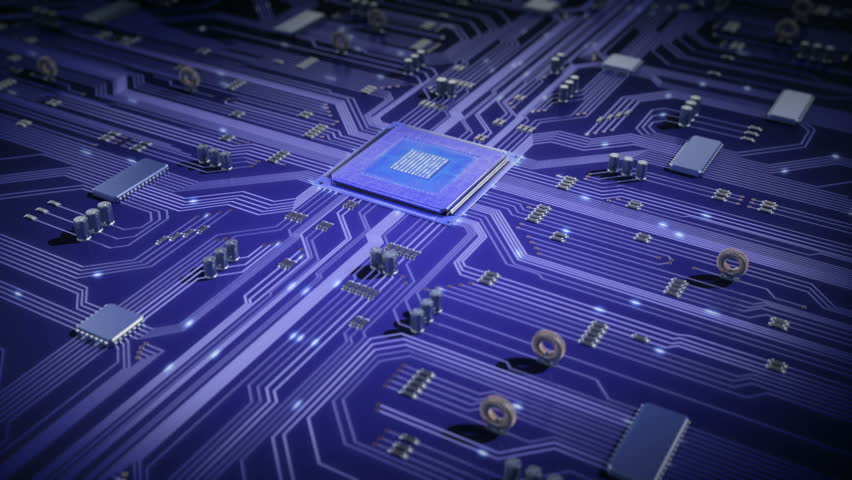 Circuit Board with moving electrons. CPU processing Data.  Royalty-Free Stock Footage #8882935