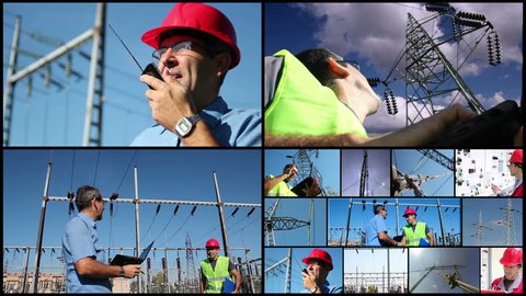 Electric Power Delivery System. Montage of clips showing electricity distribution equipment and electric company workers at work.