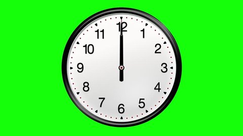 Large round clock counting down 12 hours over 30 seconds. Green screen