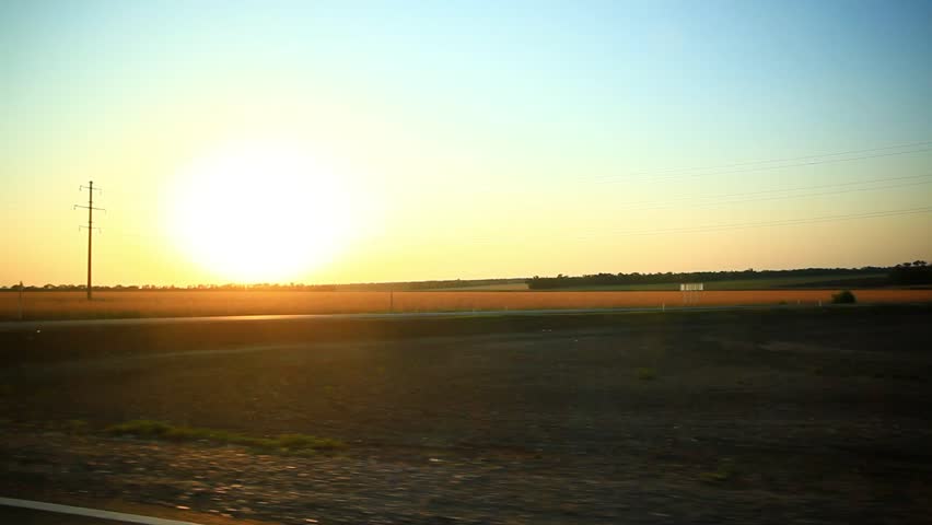 Sunny wheat field take from the car in sunset time. HD. 1920x1080