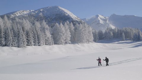 Senior couple walking with ski pole in snow during winter Video Stok