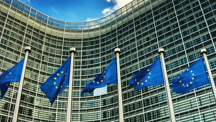European Union flags waving in the wind in front of European Commission. Brussels, Belgium. Slider shot, full HD, 1080p Royalty-Free Stock Footage #8904730