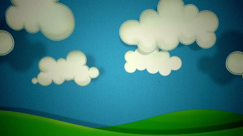 Cartoon Clouds fabric made with stitches on blue background with grass, sun and rainbow, different positions and transitions from one scene to another.