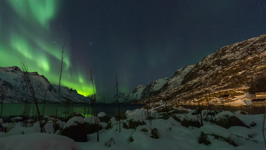Aurora Borealis (Northern Lights) at Ersfjordbotn in Norway Coast near Tromsø