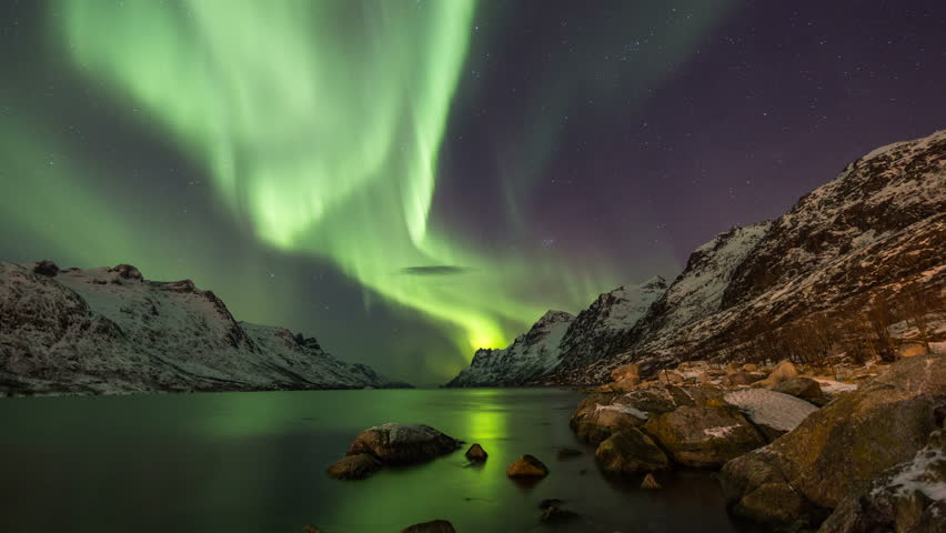 Aurora Borealis (Northern Lights) at Ersfjordbotn in Norway, Tromsø Royalty-Free Stock Footage #8908279