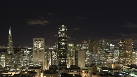 4K Time lapse close up of downtown San Francisco skyline at nighttime