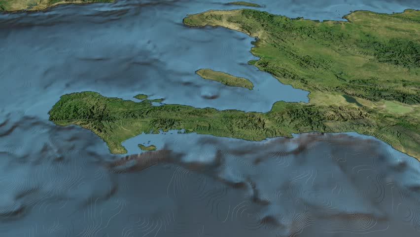 Glide over the satellite map of Haiti. Country area highlighted and outlined. Elements of this image furnished by NASA.