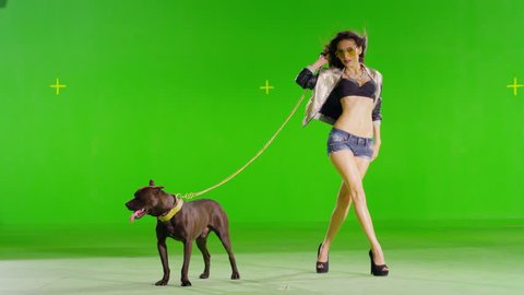 4K Hot girl walking & dancing. With mad pitbull dog. With real strobe lights on body. Slow motion. Green screen. Shot on RED EPIC Cinema Camera.