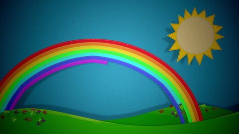 4k Cartoon Clouds fabric made with stitches on blue background with grass, sun and rainbow, different positions and transitions from one scene to another