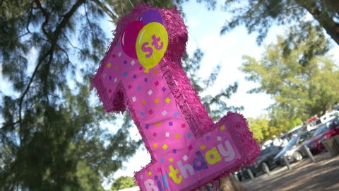 Baby girl's pink piñata hanging from tree at 1st birthday party, 4K