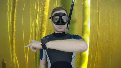 Diving sign- divemaster  shows sing  SWIMMING   20  of 28 ,also available on the green screen all of diving signs from course (open water diver)