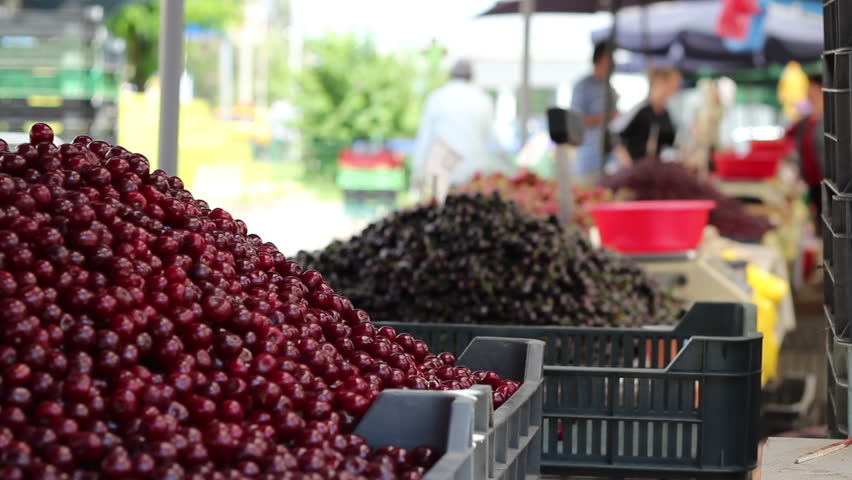 Large piles of cherries and cherry are in boxes exposed for sale in fruits and vegetables agricultural marketplace.
