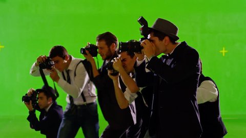FEW SHOTS! 4K Group of paparazzi. Photo shoot on green screen. Slow motion. Shot on RED EPIC Cinema Camera.