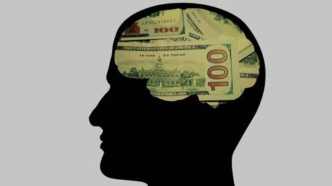 The man's head, in the brain thought of dollars. Recalculates bills. Outline silhouette of a man's head with the brain in the shape of pouring money.