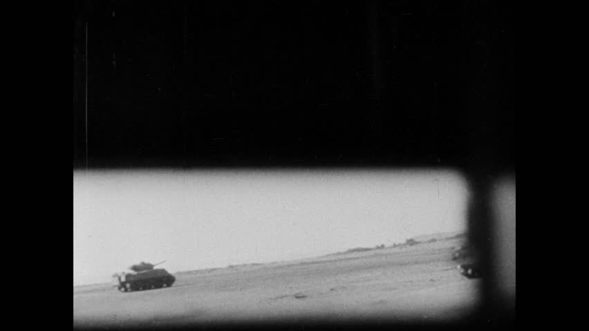 View from a camera position inside a U.S. tank shows an action around a mountain Suribachi during the Battle of Iwo Jima in World War II, Japan, circa 1945
