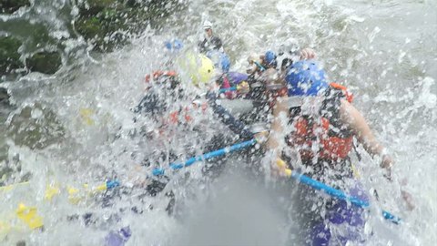 Group Of Young People On Whitewater Rafting Boat Fast Turn Onboard Camera With Audio