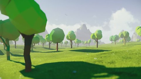 Low polygonal mountain valley view. With small hunting house. Best for intro. Looped. Cartoon landscape. 