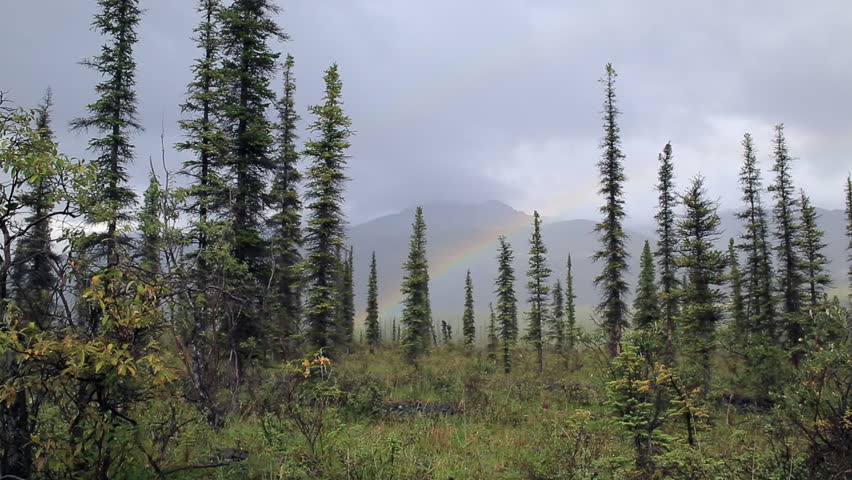 A rainbow forming over the Mackenzie mountains in the Canadian arctic