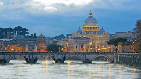 St. Peter's Basilica, Ponte Sant Angelo Bridge, Vatican. Rome, Italy. Time lapse
