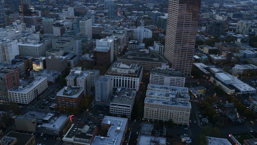 City of Portland, Oregon, USA aerial video at dusk: 4K Ultra HD