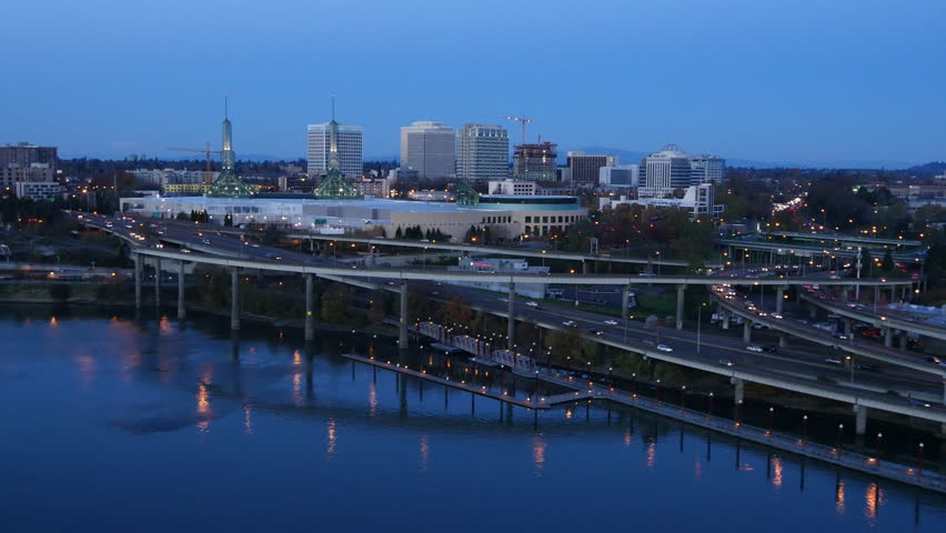City of Portland, Oregon, USA aerial video at dusk: 4K Ultra HD