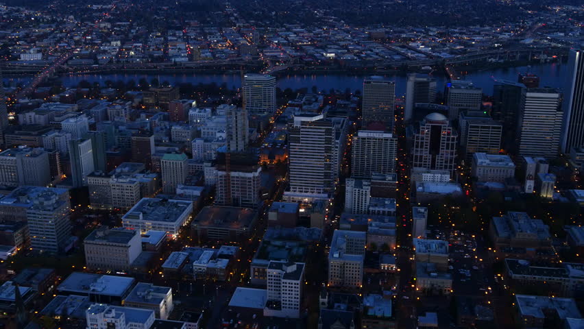 City of Portland, Oregon, USA aerial video at night: 4K Ultra HD