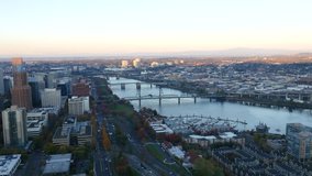 City of Portland, Oregon at sunset, aerial video: 4K Ultra HD