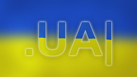 UA - internet domain of Ukraine. Typing top-level domain “.UA” against blurred waving national flag of Ukraine. Highly detailed fabric texture for 4K resolution. Clip ID: ax1057c